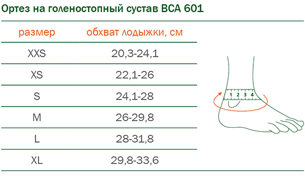 Размеры ортеза на голеностопный сустав ОРТО BCA 601